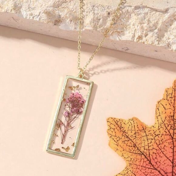 SALE 18k Stamped Gold Filled Framed Handmade Real Preserved Pink Flower Necklace - Picture 1 of 5